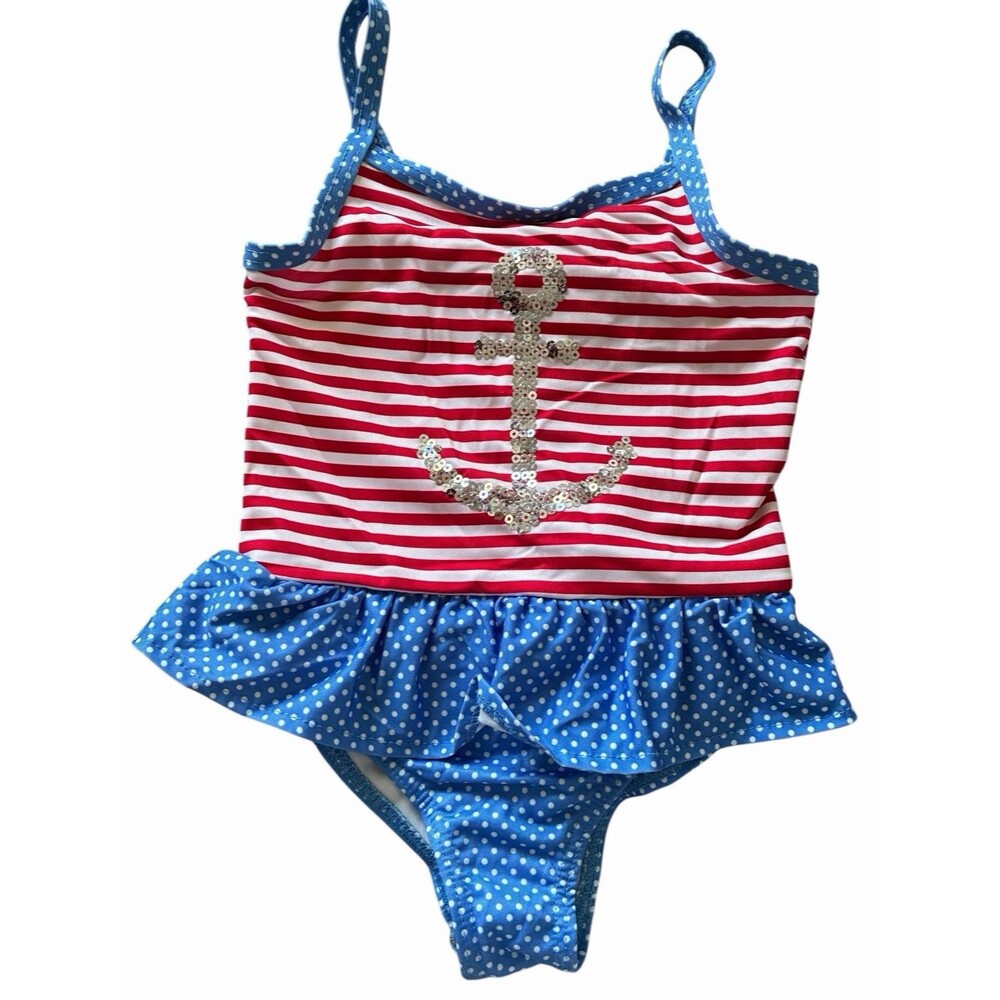 Penelope Mack Girls Swimsuit 4T Nautical Anchor Red White Blue Polka Dot Ruffle